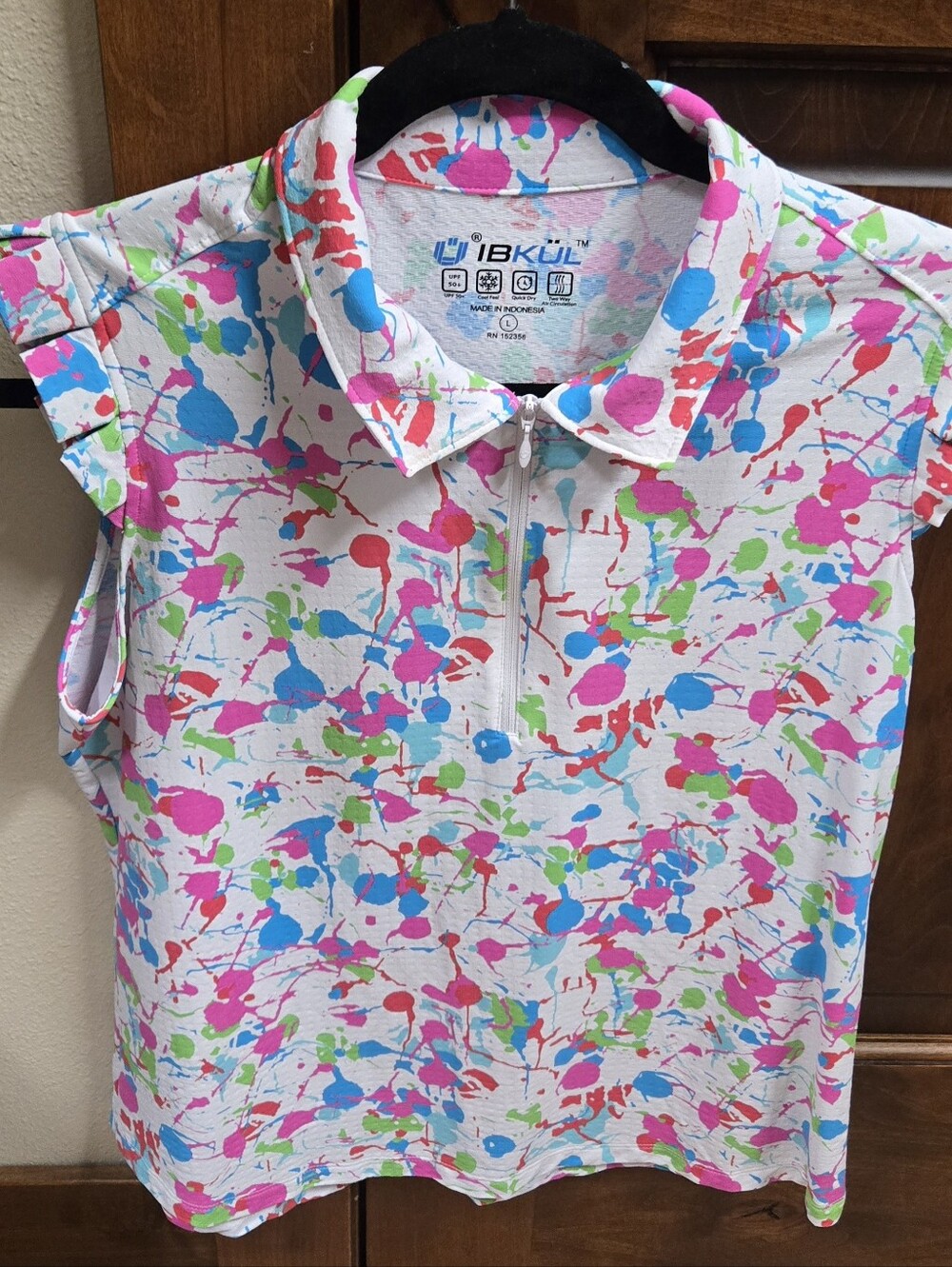 Ladies IBKUL Sleeveless Pickleball Golf Shirt. Large. Splatter pattern. EUC!